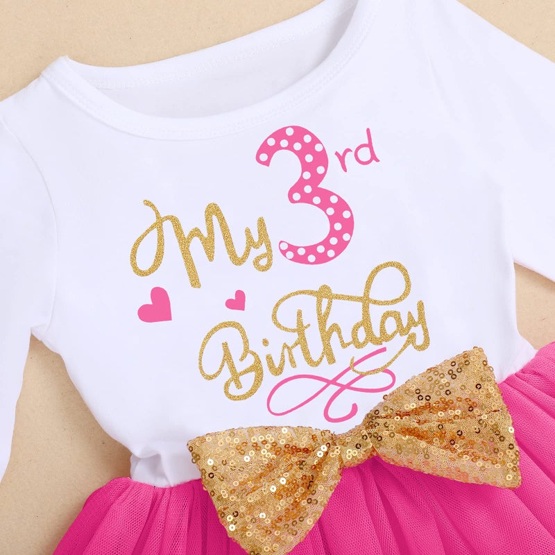IMEKIS Winter Birthday Outfit Girl My Third Birthday Mini Cake Smash Outfit Toddler Baby Tulle Tutu Skirt Autumn Long Sleeve Mouse 3rd Birthday Party Iâ€™m Three Photo Props Hot Pink 3 Years - Image 2