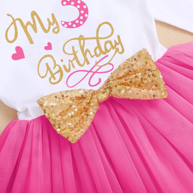 IMEKIS Winter Birthday Outfit Girl My Third Birthday Mini Cake Smash Outfit Toddler Baby Tulle Tutu Skirt Autumn Long Sleeve Mouse 3rd Birthday Party Iâ€™m Three Photo Props Hot Pink 3 Years - Image 3