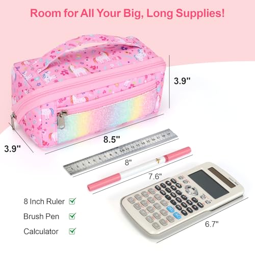 BrainyBees Pencil Case for Girls - Large Capacity Pencil Pouch for Kids Wide Opening Pencil Bag with 8 Compartments Special Cute Pen Case for School (Glitter Pink Unicorn) - Image 3
