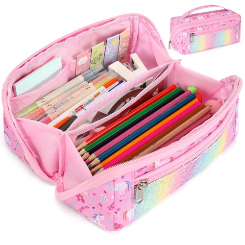 BrainyBees Pencil Case for Girls - Large Capacity Pencil Pouch for Kids Wide Opening Pencil Bag with 8 Compartments Special Cute Pen Case for School (Glitter Pink Unicorn) - Image 1