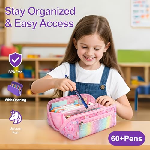 BrainyBees Pencil Case for Girls - Large Capacity Pencil Pouch for Kids Wide Opening Pencil Bag with 8 Compartments Special Cute Pen Case for School (Glitter Pink Unicorn) - Image 2