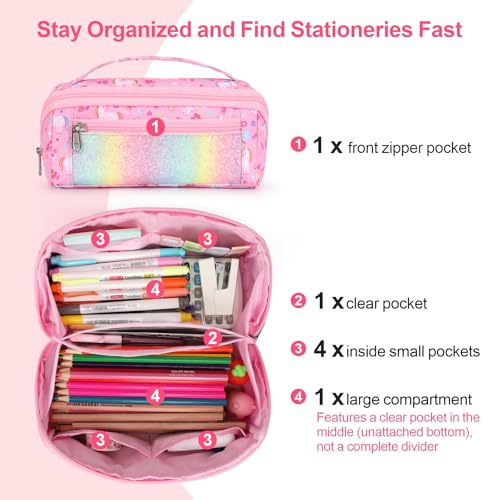 BrainyBees Pencil Case for Girls - Large Capacity Pencil Pouch for Kids Wide Opening Pencil Bag with 8 Compartments Special Cute Pen Case for School (Glitter Pink Unicorn) - Image 4