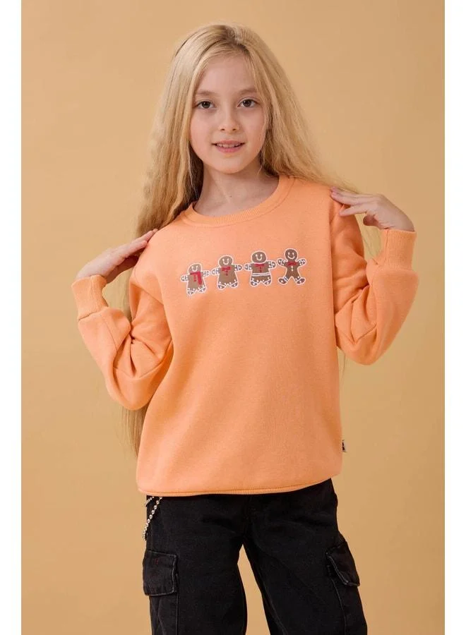 Perendi Girl's Bike Neckline Cookie Embroidered Sweatshirt in Salmon.