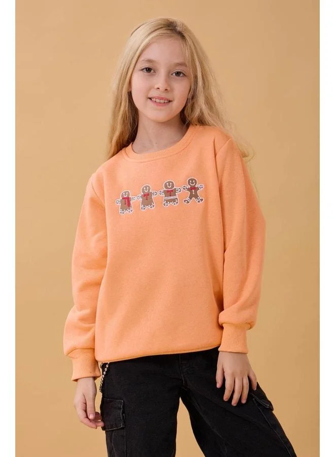 Perendi Girl's Bike Neckline Cookie Embroidered Sweatshirt in Salmon.