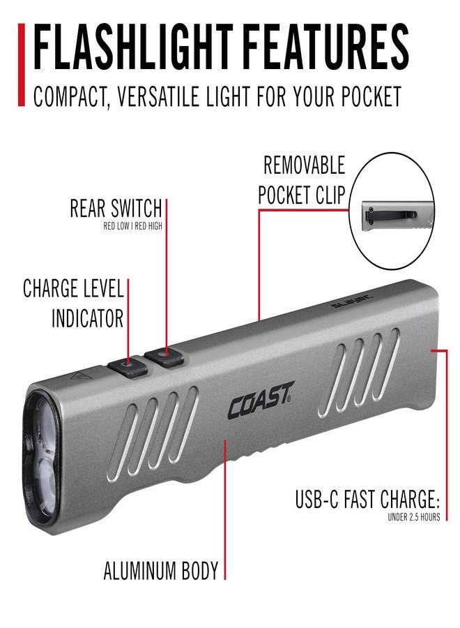 Coast Slayer RED 1000 Lumen USB-C Rechargeable LED Flashlight with Red Mode, Spot/Flood, Memory Mode and Pocket Clip - Image 3