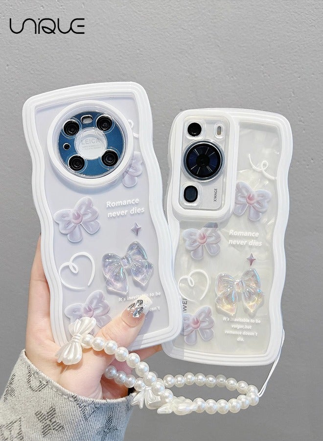 Unique For Huawei P60 Pro 6.67 Phone Case - 3D Bow Phone Case - Clear Purple Pattern Phone Case - Phone Case with Lanyard - Silicone Drop & Scratch Protection - Image 5