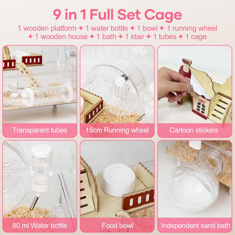 Aipawzz Large Hamster Cage 9 in 1 with All Accessories, 2-Layer Acrylic Hamster House with Full Transparent Viewing,Top Open Mouse Cage for Pet Mice,Hamster Habitat for Dwarf Hamster, Gerbils (Transparent) - Image 2