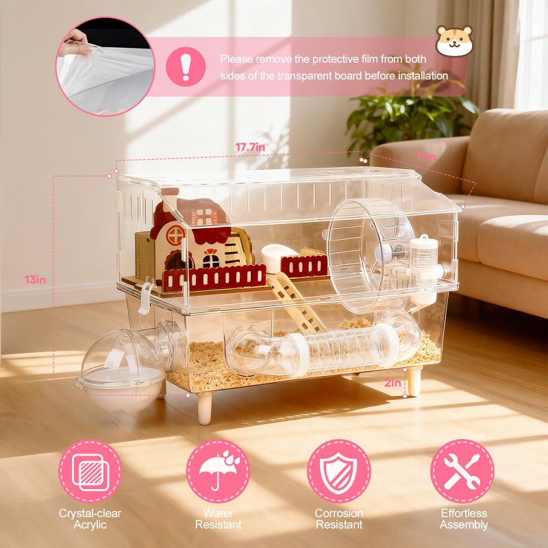 Aipawzz Large Hamster Cage 9 in 1 with All Accessories, 2-Layer Acrylic Hamster House with Full Transparent Viewing,Top Open Mouse Cage for Pet Mice,Hamster Habitat for Dwarf Hamster, Gerbils (Transparent) - Image 4