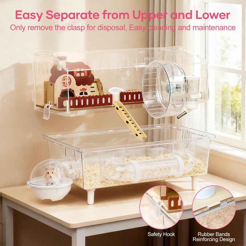 Aipawzz Large Hamster Cage 9 in 1 with All Accessories, 2-Layer Acrylic Hamster House with Full Transparent Viewing,Top Open Mouse Cage for Pet Mice,Hamster Habitat for Dwarf Hamster, Gerbils (Transparent) - Image 3