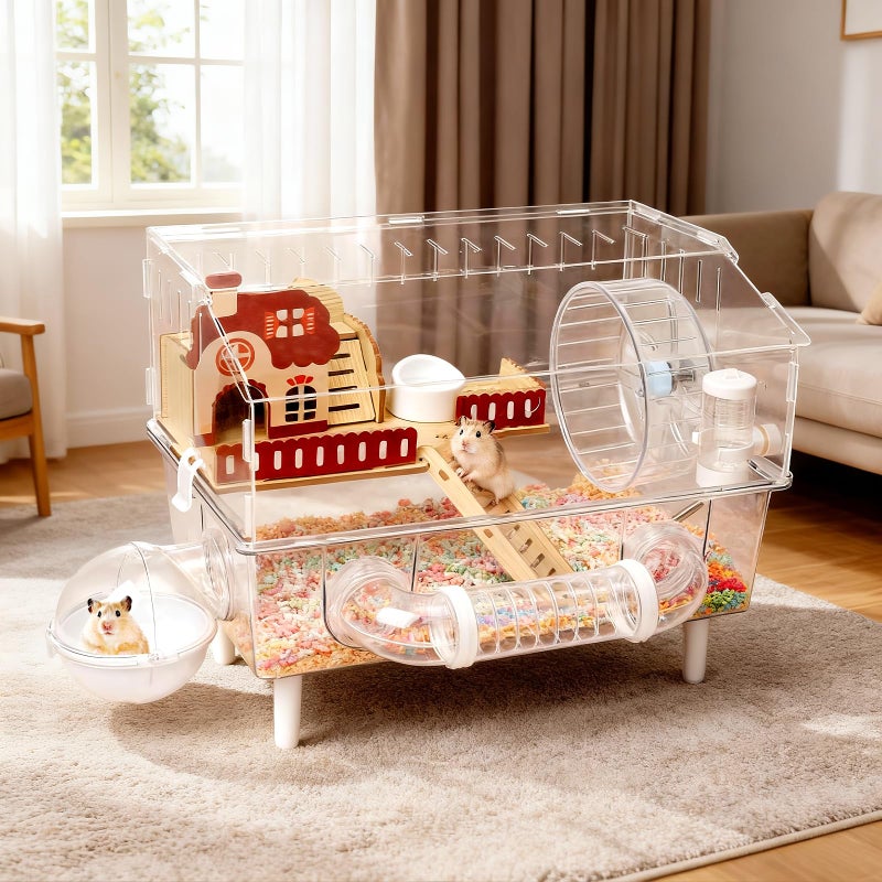 Aipawzz Large Hamster Cage 9 in 1 with All Accessories, 2-Layer Acrylic Hamster House with Full Transparent Viewing,Top Open Mouse Cage for Pet Mice,Hamster Habitat for Dwarf Hamster, Gerbils (Transparent) - Image 1