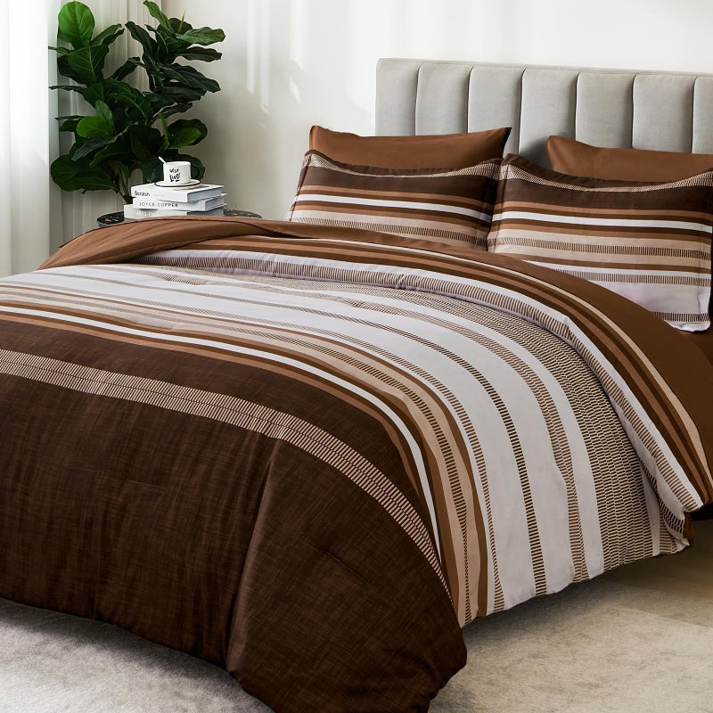 Dobuyly Brown Queen Comforter Set 7 Pieces, Boho Striped Bed in a Bag Queen Size Soft Microfiber Fall Bedding Set with Comforter, Sheets, Pillowcases & Shams - Image 1