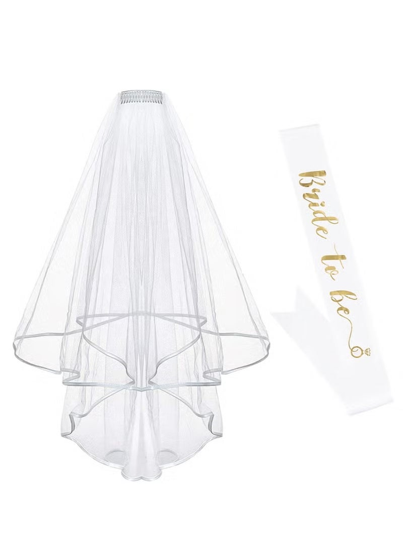 SILADEFU Bride To Be Printed Sash And Shoulder Length Veil Set for Women Bridal Party Accessories Wedding Celebration Gift - Image 1