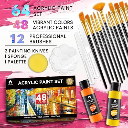 Vigorfun Acrylic Paint Set, 48 Colors, 2oz/60ml Bottles with 12 Brushes, 2 Knives & Palette - for Adults, Artists & Beginners - Arts and Crafts Painting Kit Gifts - Image 2