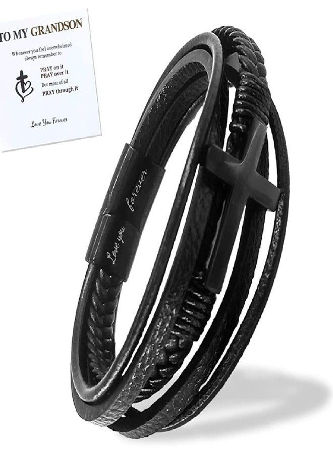 VDKIDKT Bracelet- Love You Forever Braided Leather Bracelet for Men Boys, Stainless Steel Inspirational Wristband, Braided Leather Bracelet Bangle Wristband Gifts for Him (Grandson-Cross) - Image 1
