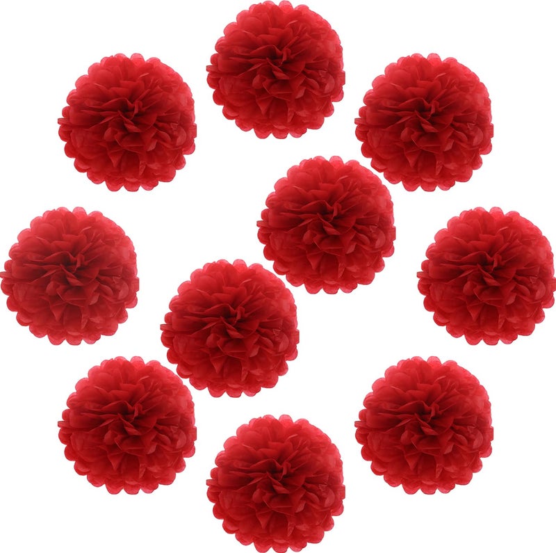 Lightingsky 10pcs DIY Decorative Tissue Paper Pompoms Flowers Ball Perfect for Party Wedding Home Outdoor Decoration 10inch Diameter Red