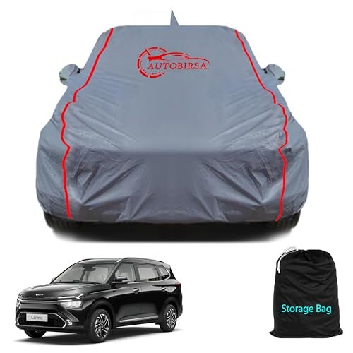 AUTOBIRSA Waterproof Car Body Cover Compatible with Kia Carens with Mirror and Antenna Pocket, Triple Stitched (Heat Resistant US Grey with Red Piping) - Image 1