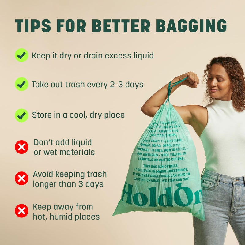 HoldOn 13-Gallon Trash Bags â€“ Plant-based Tall Kitchen Trash Bags with Drawstring Handles for Tall Trash Bins, Heavy-duty and Compostable Large Trash Bags (40 bags) - Image 2