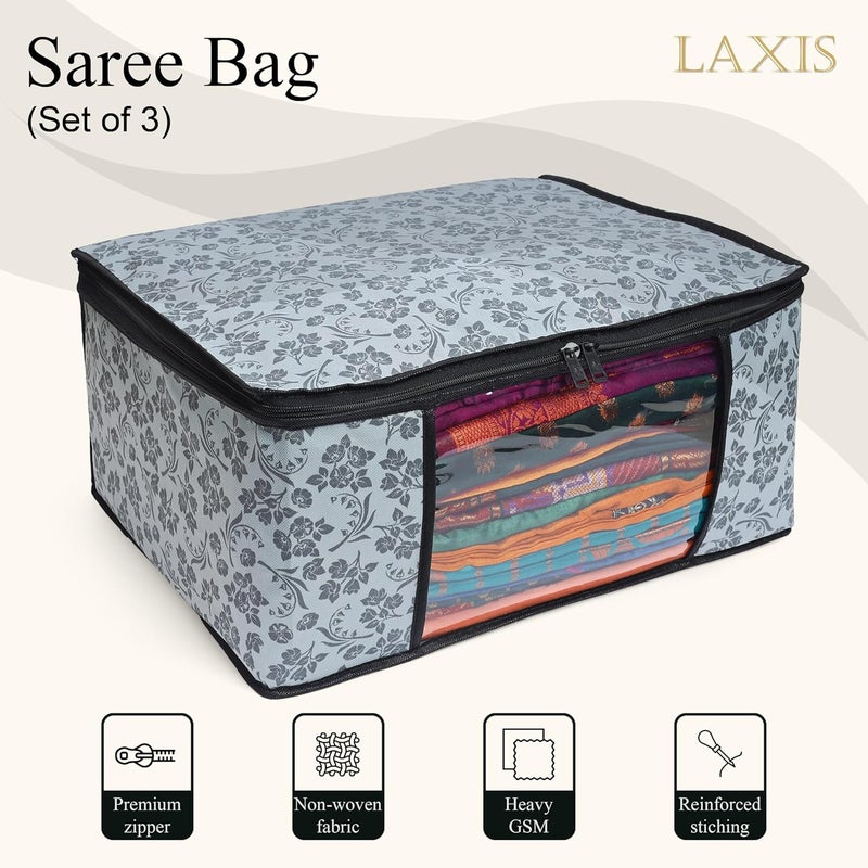 LAXIS ® Saree Covers With Zip Non-Woven Printed Saree Cover/Saree Organizer For Wardrobe/Cloth Storage With Transparent Window/Saree Bags Storage/Clothes Organizer (Grey- Pack of 3) - Image 3