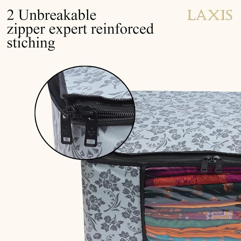 LAXIS ® Saree Covers With Zip Non-Woven Printed Saree Cover/Saree Organizer For Wardrobe/Cloth Storage With Transparent Window/Saree Bags Storage/Clothes Organizer (Grey- Pack of 3) - Image 4