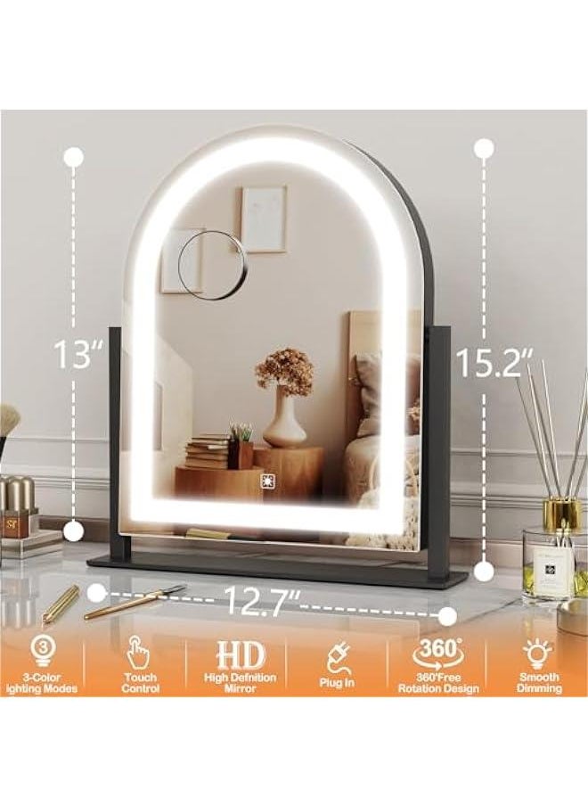 Arabest - 15.2in Black Lighted Makeup Hollywood Vanity Mirror with Three Color Lighting Modes, Smart Touch Control, and 360° Rotation - Includes Detachable 10X Magnification Mirror - Image 1