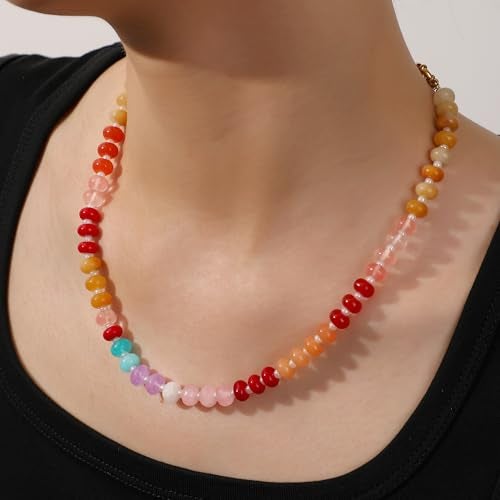 LALAPPLE Colorful Beaded Gemstone Necklace for Women, Boho Rainbow Bead Choker with Natural Stone Crystal Beads, Handmade Summer Beach Necklace Jewelry (E-rainbow1) - Image 2