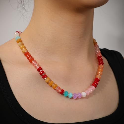 LALAPPLE Colorful Beaded Gemstone Necklace for Women, Boho Rainbow Bead Choker with Natural Stone Crystal Beads, Handmade Summer Beach Necklace Jewelry (E-rainbow1) - Image 3