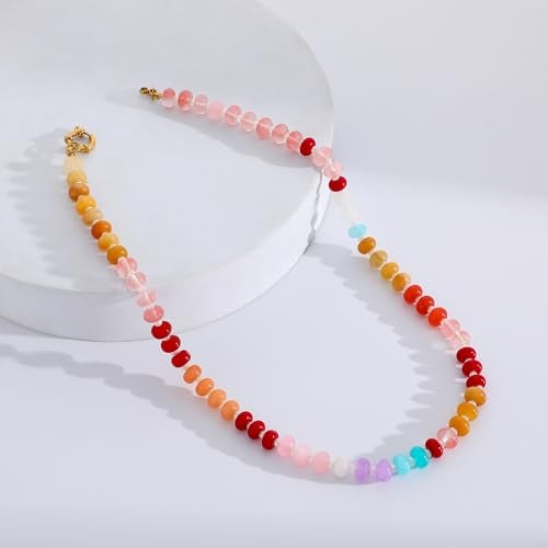 LALAPPLE Colorful Beaded Gemstone Necklace for Women, Boho Rainbow Bead Choker with Natural Stone Crystal Beads, Handmade Summer Beach Necklace Jewelry (E-rainbow1) - Image 4