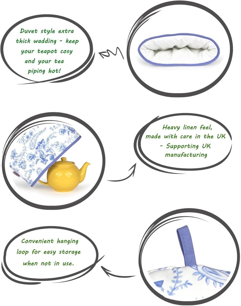 Muldale Large Tea Cozy for Teapot British - 100% Cotton Extra Thick Wadding Tea Pot Cover Designed in England - Insulated Teapot Cozy for English Tea Sets - Vintage Blue Floral - Image 2