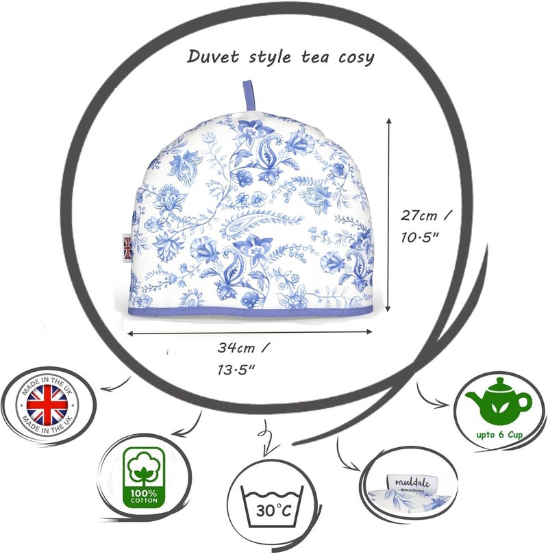 Muldale Large Tea Cozy for Teapot British - 100% Cotton Extra Thick Wadding Tea Pot Cover Designed in England - Insulated Teapot Cozy for English Tea Sets - Vintage Blue Floral - Image 4