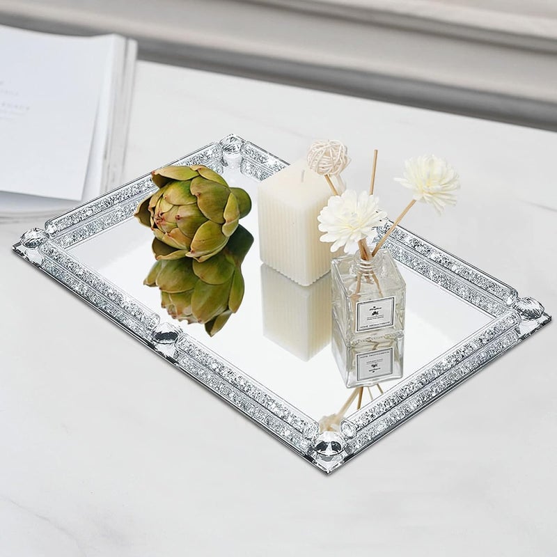 LFGKeng Large Crystal Tray, Glass Mirror Modern Jewelry Trinket Trays with Crushed Diamond, 15.7" x 11.8" Rectangular Makeup Perfume Tray for Bathroom Bedroom, Home Decor, Hotel Banquet, Party (Silver C) - Image 5