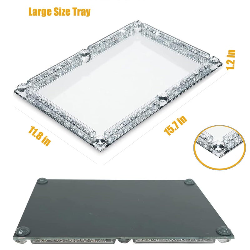 LFGKeng Large Crystal Tray, Glass Mirror Modern Jewelry Trinket Trays with Crushed Diamond, 15.7" x 11.8" Rectangular Makeup Perfume Tray for Bathroom Bedroom, Home Decor, Hotel Banquet, Party (Silver C) - Image 2
