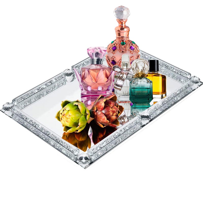 LFGKeng Large Crystal Tray, Glass Mirror Modern Jewelry Trinket Trays with Crushed Diamond, 15.7" x 11.8" Rectangular Makeup Perfume Tray for Bathroom Bedroom, Home Decor, Hotel Banquet, Party (Silver C) - Image 1
