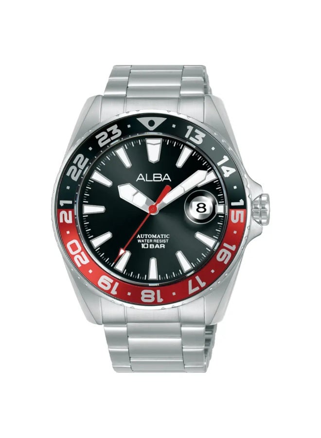 Alba AU4073X1 Automatic Men's Watch | Black Dial | Stainless Steel Bracelet | Red & Black Rotating Bezel | 100M Water Resistant | 43mm - Image 1