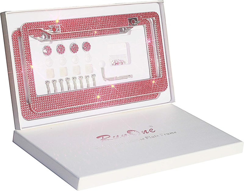 RunOne 2 Pack Rhinestone License Plate Frame for Women,Premium Stainless Steel Cover 1000+ Finest 14 Facets Luxury Sparkling Crystal Diamond License Plate Frame with Giftbox & Bling Cap Screw Set (Red) - Image 1