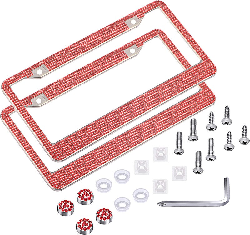 RunOne 2 Pack Rhinestone License Plate Frame for Women,Premium Stainless Steel Cover 1000+ Finest 14 Facets Luxury Sparkling Crystal Diamond License Plate Frame with Giftbox & Bling Cap Screw Set (Red) - Image 4