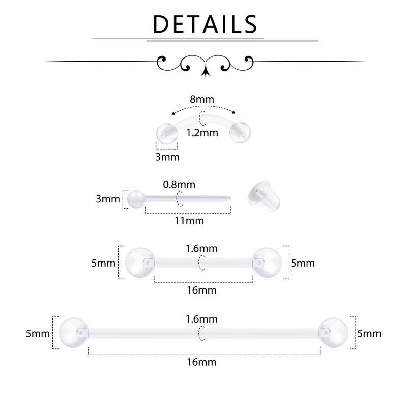 D.Bella 66pcs Mix Style Clear Piercing Retainer Flexible Nose Septum Ear Eyebrow Nipple Tongue Belly Button Rings Retainer Bioflex Plastic Industrial Barbell Piercing - Image 3