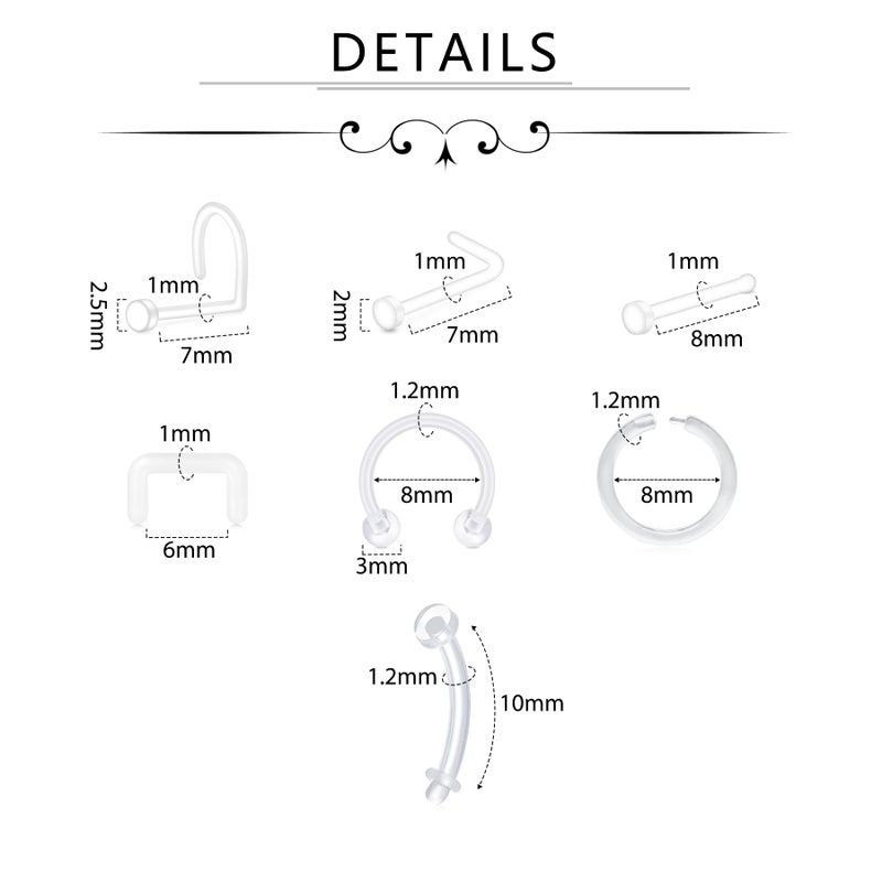D.Bella 66pcs Mix Style Clear Piercing Retainer Flexible Nose Septum Ear Eyebrow Nipple Tongue Belly Button Rings Retainer Bioflex Plastic Industrial Barbell Piercing - Image 2