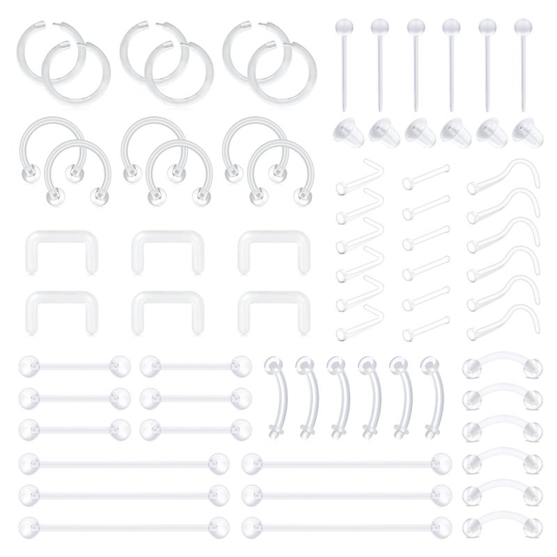 D.Bella 66pcs Mix Style Clear Piercing Retainer Flexible Nose Septum Ear Eyebrow Nipple Tongue Belly Button Rings Retainer Bioflex Plastic Industrial Barbell Piercing - Image 1