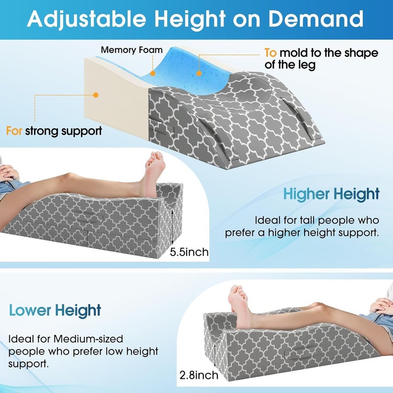 CloudBliss Leg Pillow, Leg Elevation Pillow for After Surgery, Adjustable Memory Foam with Ice Sick Cover, Wedge Pillow for Blood Circulation, Knee Pillows for Back Knee Grey - Image 4