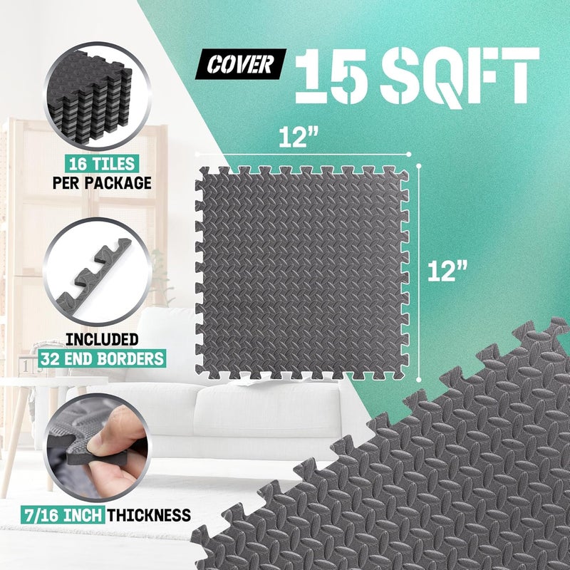 Yes4All Interlocking Floor Mats with Border - Foam Gym Mats with EVA Tiles (16 Sq Ft - Black & Gray - 16 Tiles) - Image 2