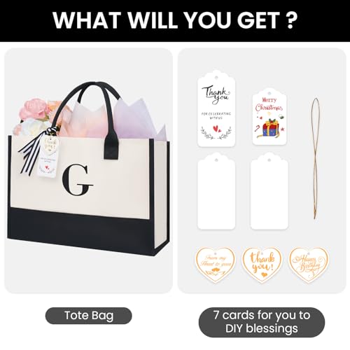BAGAIL Initial Tote Bag, Personalized Birthday Gifts for Women, Teacher, Friends, Mom, Wedding, Monogrammed Beach Bag(Ivory-1pcs, G) - Image 2