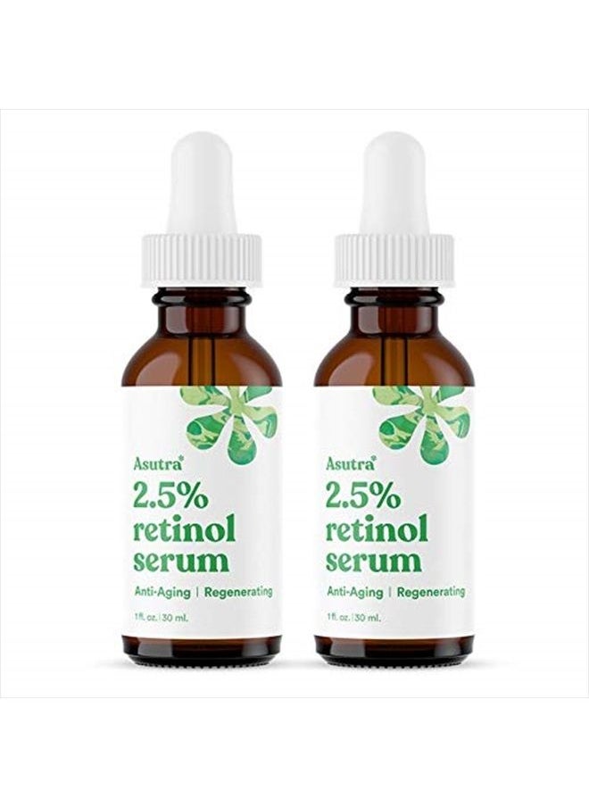 Asutra - Anti-Aging 2.5% Retinol Serum, 1 fl oz (2pk) | Ultra Potent & Helps Minimize Signs of Aging | Plump Up Skin & Decrease Pore Size | Hyaluronic Acid, Vitamin E, Wheat Germ, Aloe, & Jojoba Oil - Image 1
