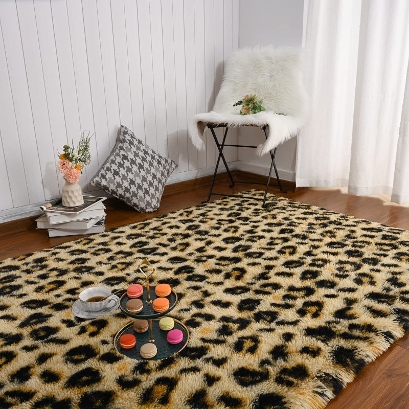 Amearea Fluffy Leopard Rug Premium Cheetah Print Rugs Soft Comfy Faux Fur Animal Carpet for Kids Room Bedroom Living Shaggy Teen Room Home Decor Khaki 4x6 Feet