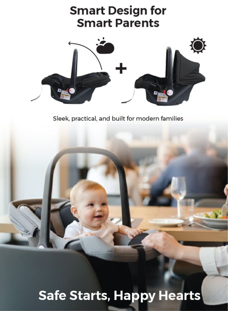 Zenito Baby Car Seat Carrier Infant/Baby/Kids Travel Car Seat With Full Body Support Cushion Rear Facing Seat Carry Cot Adjustable Canopy Suitable For New Born Baby 0+ Months (0-13 Kg) - Black - Image 2