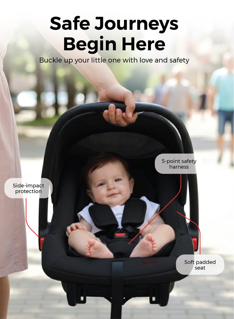 Zenito Baby Car Seat Carrier Infant/Baby/Kids Travel Car Seat With Full Body Support Cushion Rear Facing Seat Carry Cot Adjustable Canopy Suitable For New Born Baby 0+ Months (0-13 Kg) - Black - Image 4