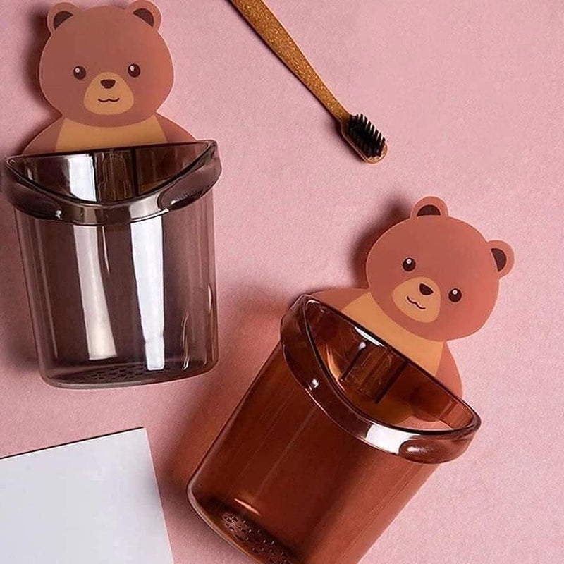 SEKOY SEKOY Toothbrush Holder (Set of 2 Pcs) Plastic Stand for Toothpaste, Comb, Brush, Cream, Lotion Kids Bathroom Cup Drain Waterproof Self-Adhesive, Teddy Bear - Image 5