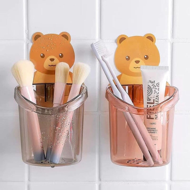 SEKOY SEKOY Toothbrush Holder (Set of 2 Pcs) Plastic Stand for Toothpaste, Comb, Brush, Cream, Lotion Kids Bathroom Cup Drain Waterproof Self-Adhesive, Teddy Bear - Image 2
