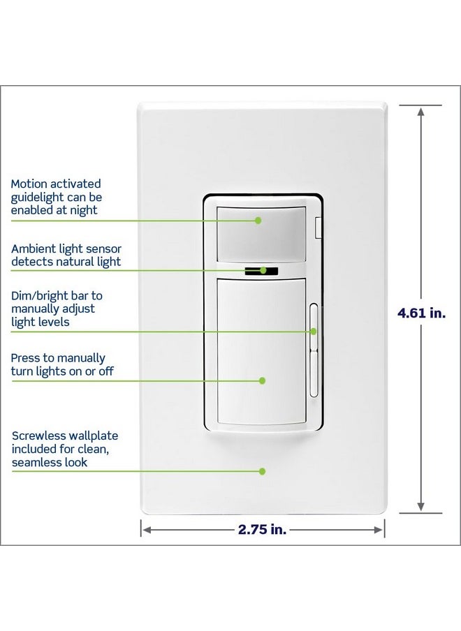 Leviton - Leviton Decora Smart Motion Sensing Dimmer Switch, Wi-Fi 2nd Gen, Neutral Wire Required, Works with My Leviton, Alexa, Google Assistant, Apple Home/Siri & Wired or Wire-Free 3-Way, D2MSD-1RW, White - Image 1