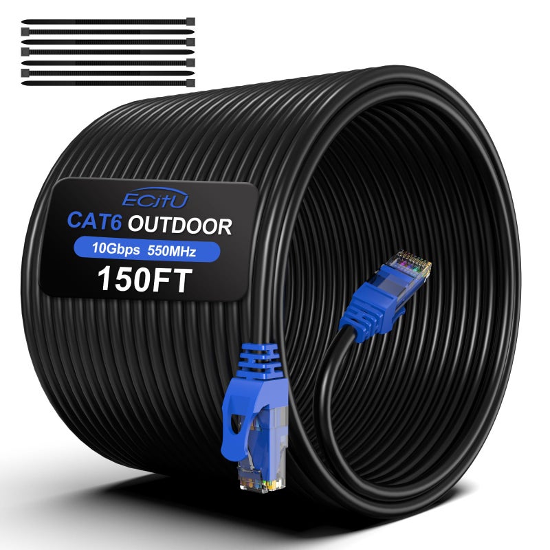 150FT Cat6 Outdoor Ethernet Cable InGround Heavy Duty Direct Burial 24AWG CCA Patch Cord POE UTP Waterproof LLDPE UV Resistant Network Internet LAN Cat 6 Cable 150 Feet with 25 Cable Ties