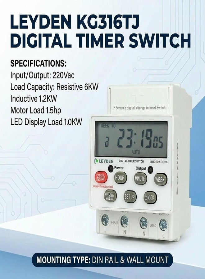 LEYDEN® KG316TJ, 30A, 220/230VAC, 50Hz Digital Timer Switch, 24 Program Per Day, Manual Start ON-Off Delay & Cyclic Timer Switch for Light, Fogger, Bell, Waterpump | Min 1-Sec Interval - Image 3